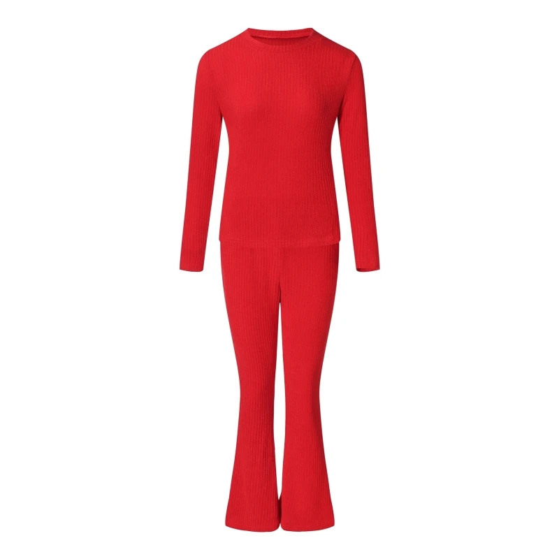 Женский комплект из 2 предметов, осенняя мода, Однотонный свитер, наборы, ребристые вязаные свитера, штаны, длинный рукав, о-образный вырез, топы+ брюки, комплекты одежды - Цвет: Красный