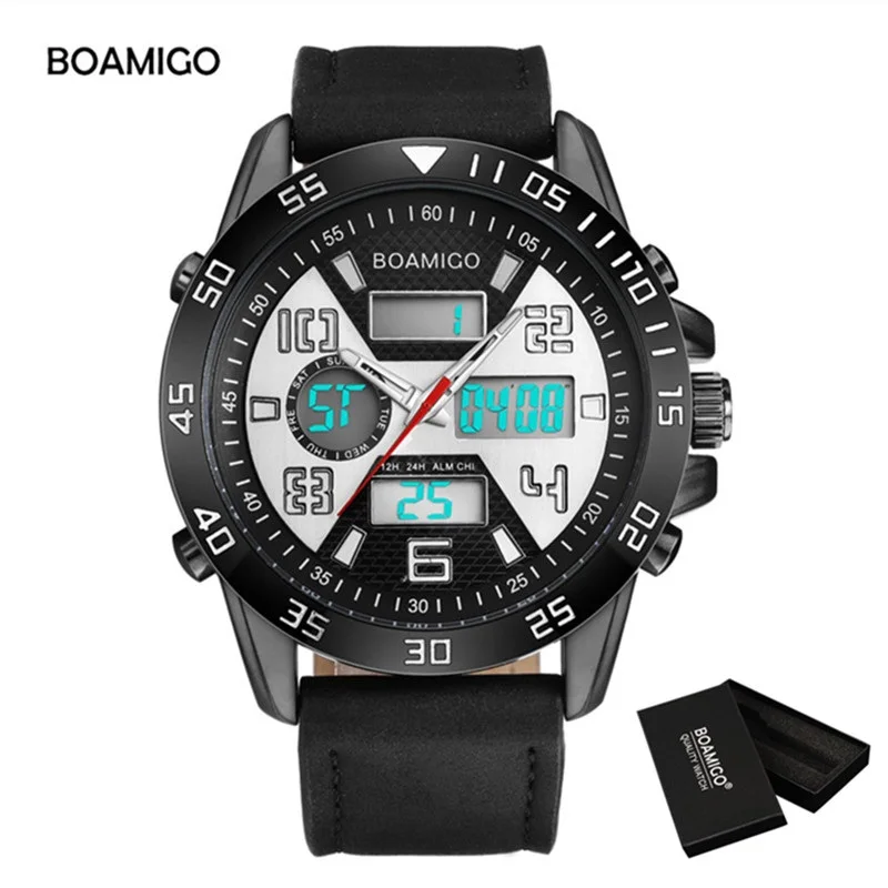 

BOAMIGO Brand Sport Clock Led Digital Watch Man Leather Quartz Wristwatches for Men Date Male Watch Waterproof Relogio Masculino