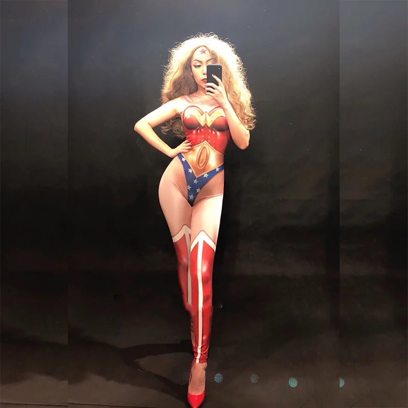 Wonder Woman Sexy Jumpsuit Nightclub Party Performance Celebration Dancer Singer Stage Wear Costumes 3D Printing Bodysuit