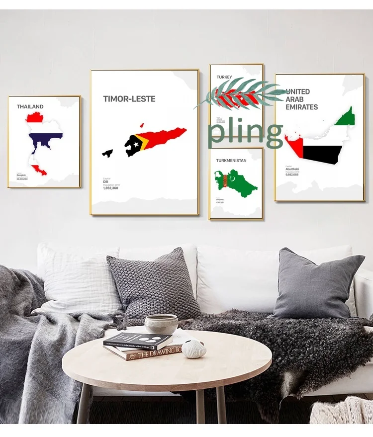 

THAILAND TIMORLESTE TURKEY TURKMENISTAN UNITED ARAB EMIRATES UZBEKISTAN VIETNAM YEMEN Country Map Art Canvas Painting