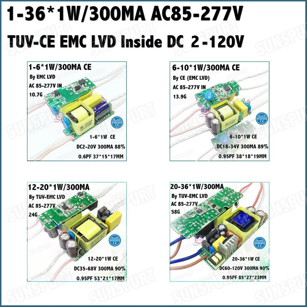 

5-20Pieces TUV-CE EMC LVD PF Inside 36W AC85-277V LED Driver 1-36Cx1W 300mA DC2-120V Constant Current For LED Lamp Free Shipping