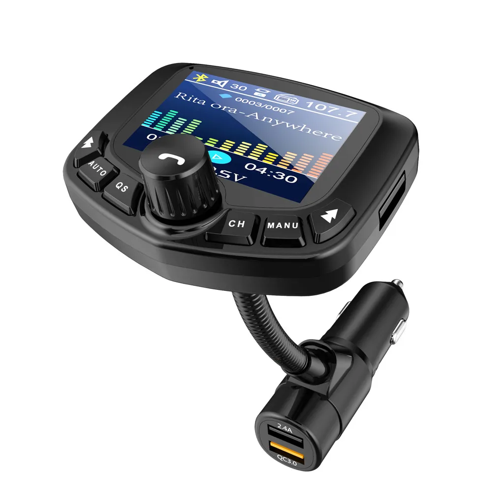 Car Charger Bluetooth Kit FM Transmitter Modulator Car Adapter 3-Port USB Port AUX QC3.0 TF Card, 1.8-inch Screen