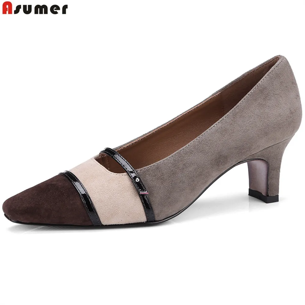 

ASUMER gray pointed toe shallow size 40 spring autumn ladies pumps shoes mixed colors women suede leather high heels shoes