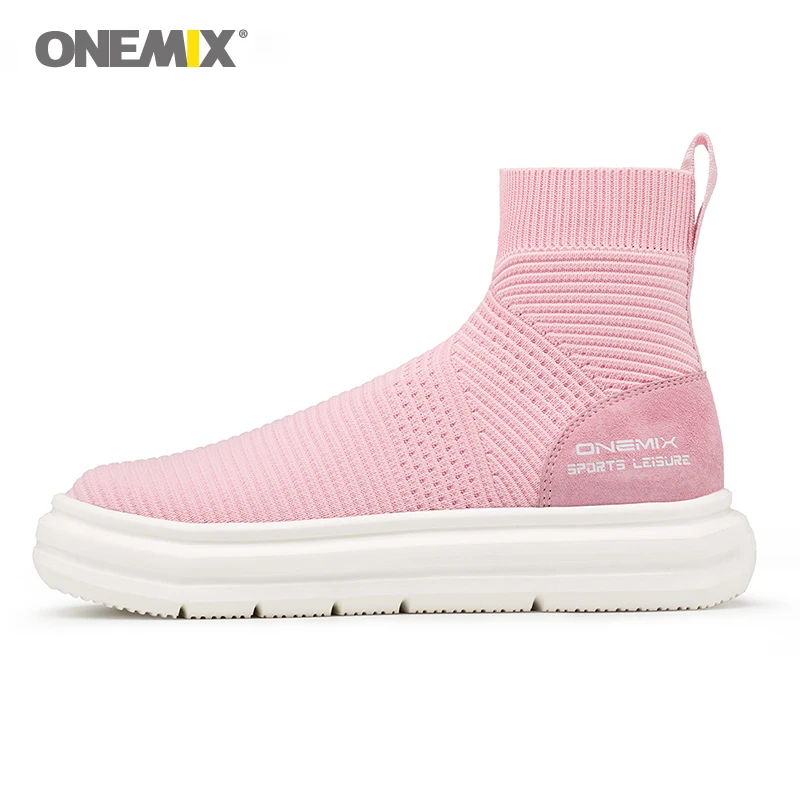 

Onemix unisex sock ankle boots men height increasing walking shoes for women outdoor trekking sneakers knitting couple shoes
