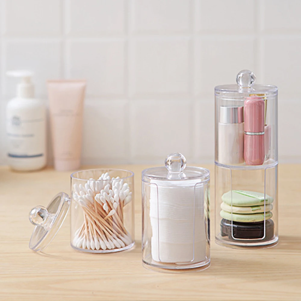 New Makeup Cleansing Cotton Organizer Cotton Pads Acrylic Round Container Plastic Transparent Cosmetic Storage Boxes