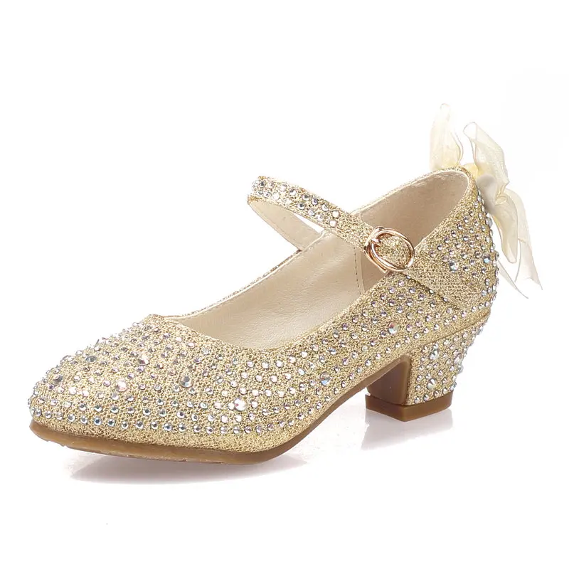 ULKNN/детская кожаная обувь для девочек; стразы; обувь принцессы на низком каблуке; сандалии для девочек; сезон весна-осень; резиновые вечерние туфли для детей - Цвет: Gold