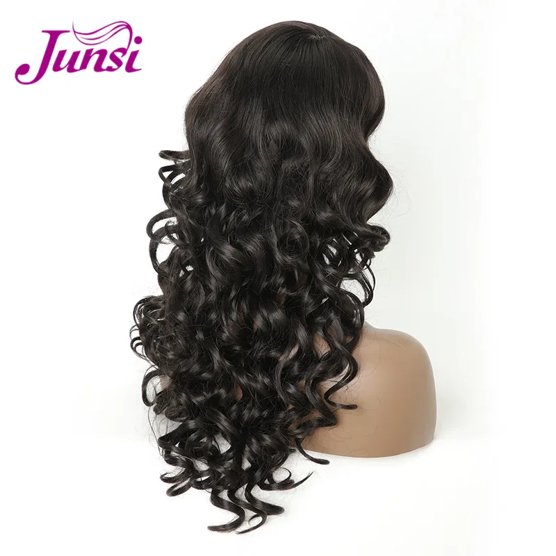 JUNSI длинные черные Искусственные парики для женщин Bouncy Curly Naturaly черный цвет женский термостойкий парик