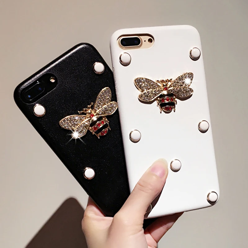 Aoweziic Fashion For iPhoneX XS MAX XR 7 8Plus 6 6S Plus Kawaii DIY Bling Glitter Exquisite Crystal Bee Soft Leather Phone Cases