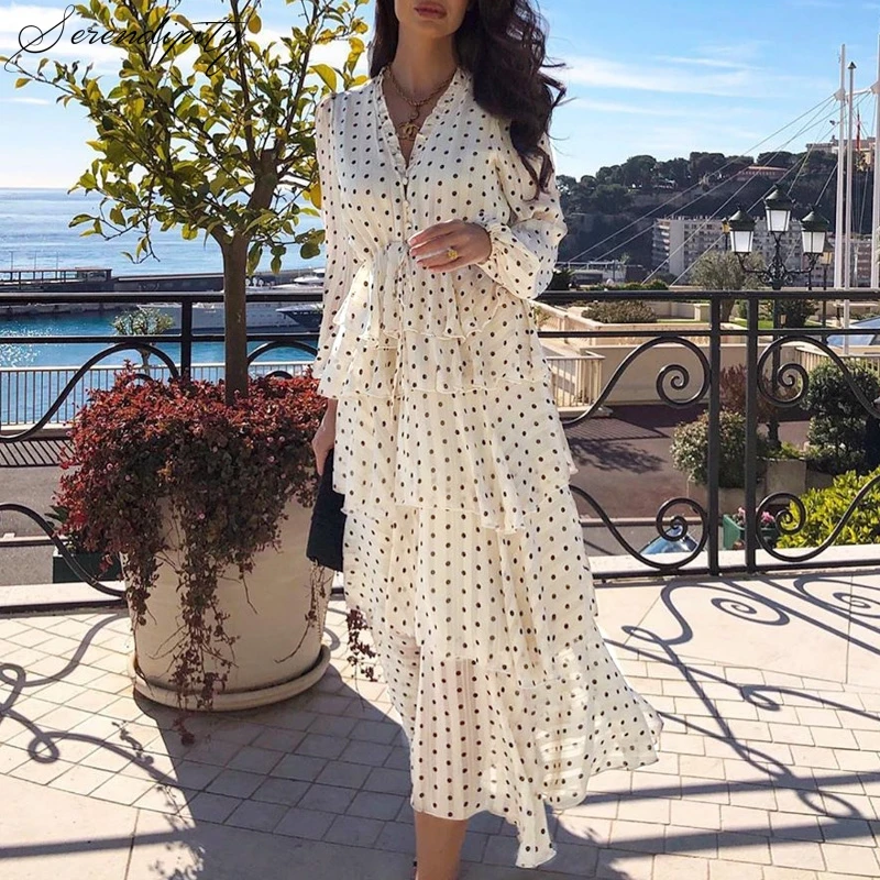

SRDP Elegant polka dots chiffon dress women Long sleeve ruffled long cake dresses female Vintage ladies party dress vestidos