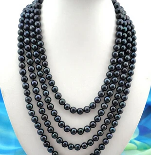 

FREE SHIPPING>>>@@ AS4902 100" 9-10mm round black freshwater pearl necklace