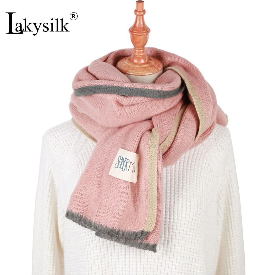 Lakysilk, новая мода, женский шарф, вязанный, зимний, мягкий, длинный, шарфы и шали, для девушек, в полоску, розовый, пашмины, палантины, высокое качество