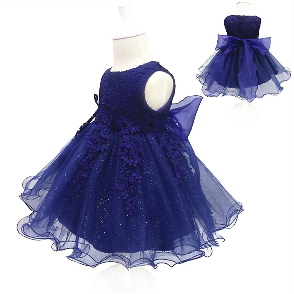 Девушка кружева лук День рождения платье принцессы для девочек Дети без рукавов Тюль Свадебные платья Tutu Детская одежда от 2 до 10 лет BW197 - Color: Dark Blue