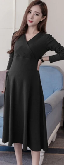 Одежда для беременных на весну, осень и зиму, платье для кормящих мам для беременных женщин, платья с длинными рукавами для беременных, одежда для грудного вскармливания - Цвет: Черный