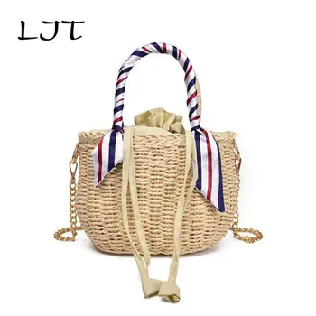 

LJT Women Natural Handmade Straw Braided Bag Female Cute Round Ribbon Beach Oblique Bucket Bag Bali Chain Shoulder Bag Bolsa