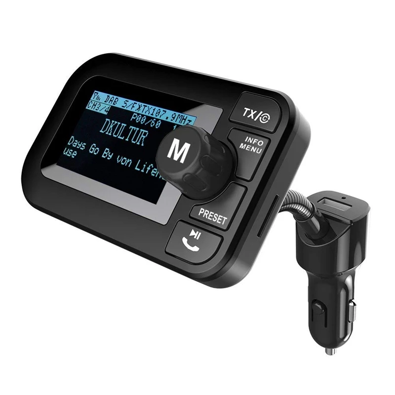 

Portable Car Radio DAB with FM Transmitter + Bluetooth Handsfree + Bluetooth Audio Receiver + MP3 Player, Dual USB Car Charger