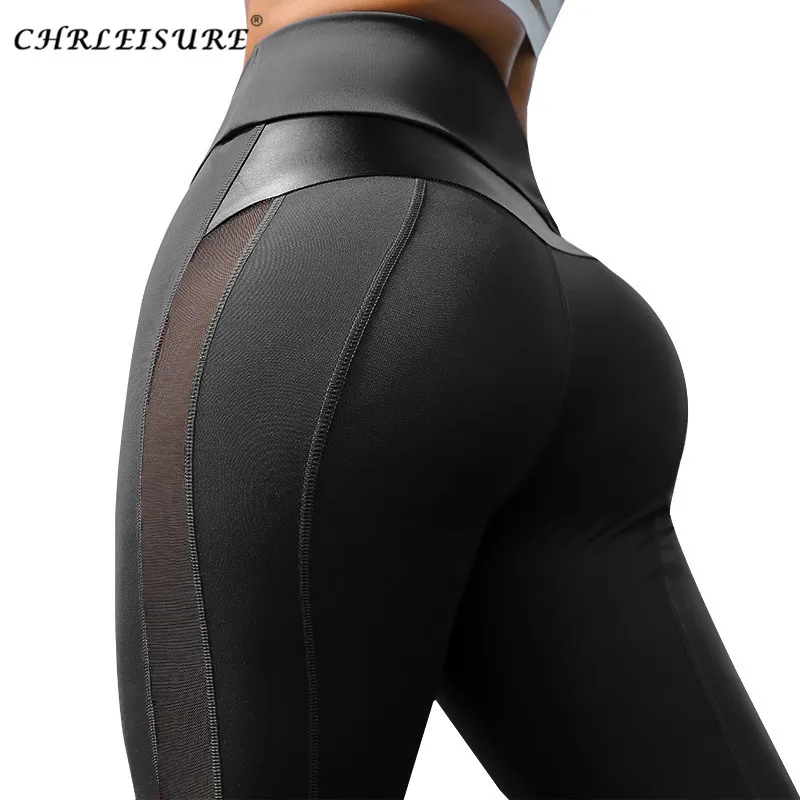 

CHRLEISURE Women Leather Mesh Leggings Workout Push Up Leggings Fitness Legging Patchwork Leggings