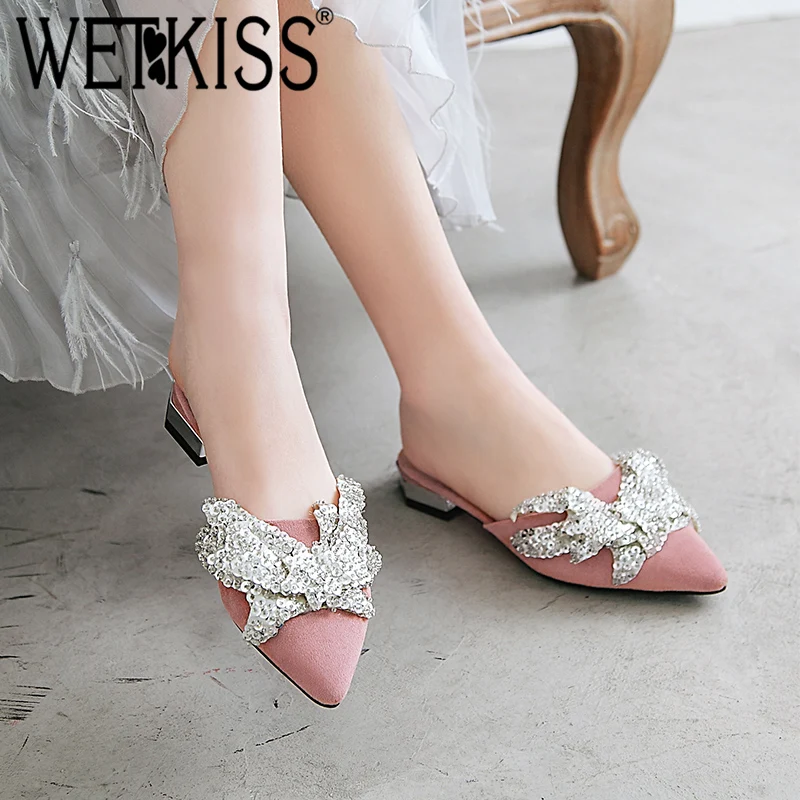 

WETKISS Plus Size 48 Low Heels Slippers Women Pointed Toe Footwear Crystal Butterfly Knot Slides Shoes Female Mules Shoes Woman