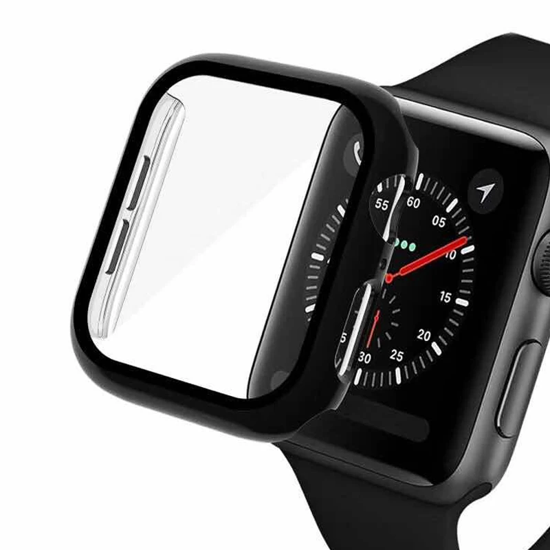 

PC Case with Screen Protector 3D Tempered Glass Film for Apple Watch Series 5 4 Full Cover 40/44mm Bumper for iWatch Accessories