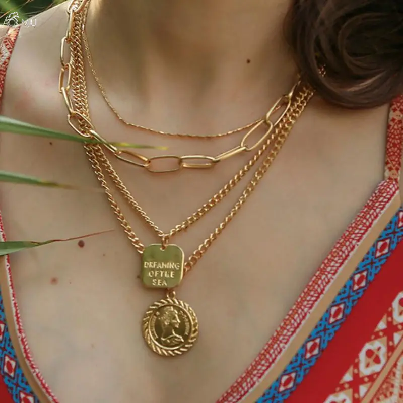 

AOMU Exaggeration Carved Coin Necklace For Women Geometric Metal Necklace Multiple Layers Pendant Necklaces Boho Jewelry