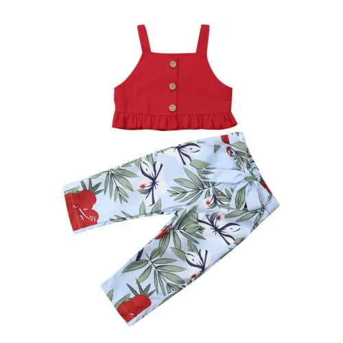 Милые топы на бретелях для маленьких девочек+ длинные штаны с цветочным принтом, летняя одежда, комплекты детской одежды - Цвет: Красный
