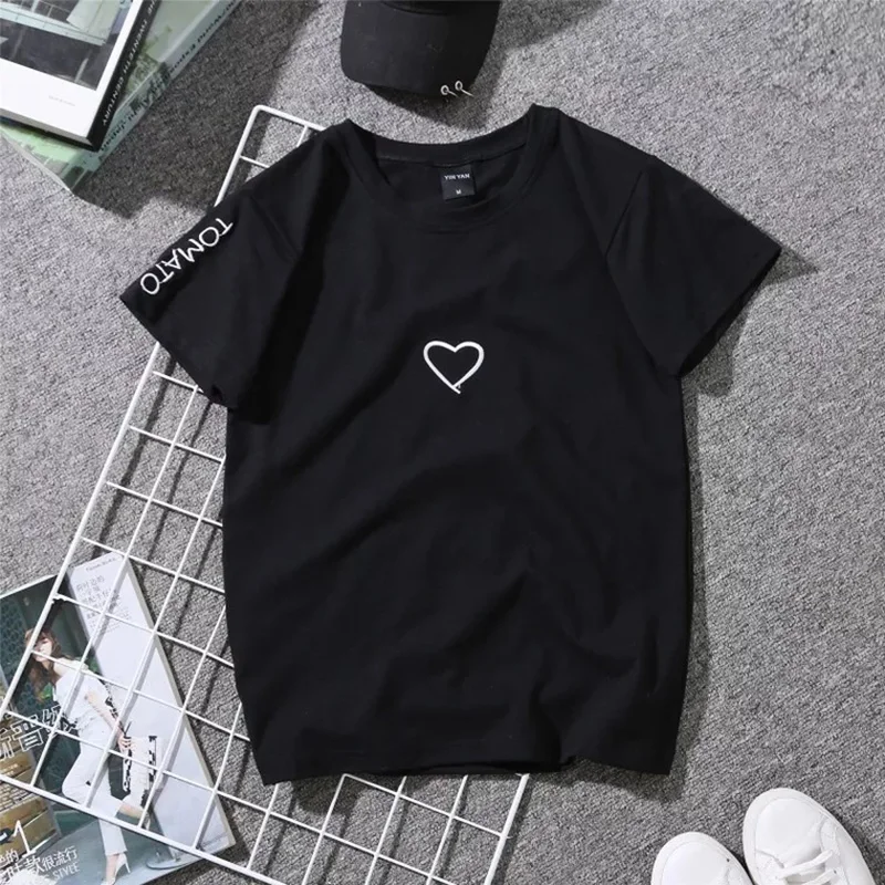 2018 Summer Couples Lovers T-Shirt For Women Casual White Tops Tshirt Women T Shirt Love Heart Embroidery Print T-Shirt Female