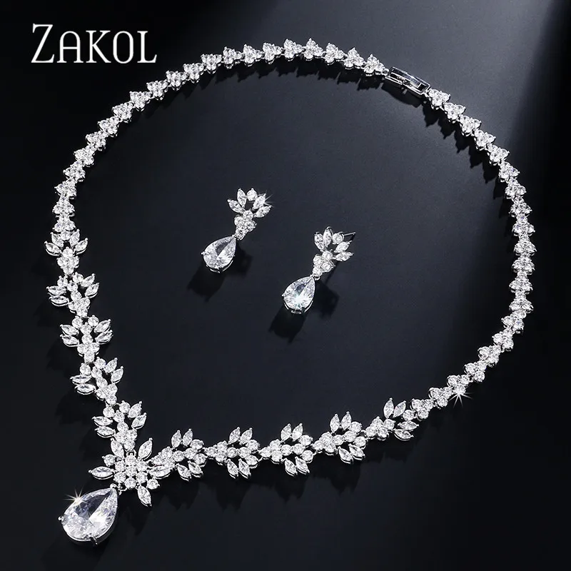 

ZAKOL Gorgeous Fairy Sparkling White Color Jewelry Set With Teardrop Cubic Zirconia Bridal For Wedding FSSP039
