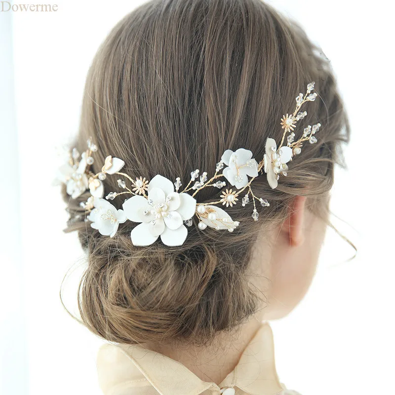 

Dower me White Flower Hair Comb For Bride Handmade Pearls Wedding Hair Jewelry Crown Fashion Women Prom Headpiece