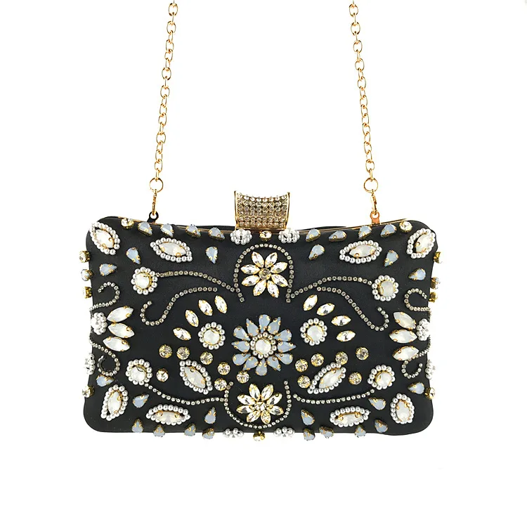 Front View of Luxy Moon Hand Beaded Stylish Evening Bag with Chain