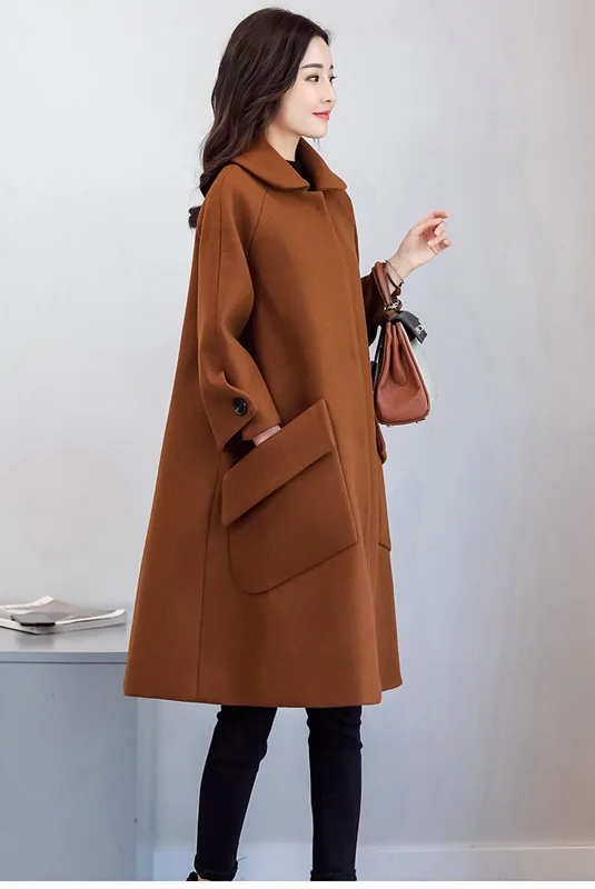 Новинка, осеннее и зимнее длинное шерстяное пальто большого размера, свободное, тонкое, одноцветное, для отдыха