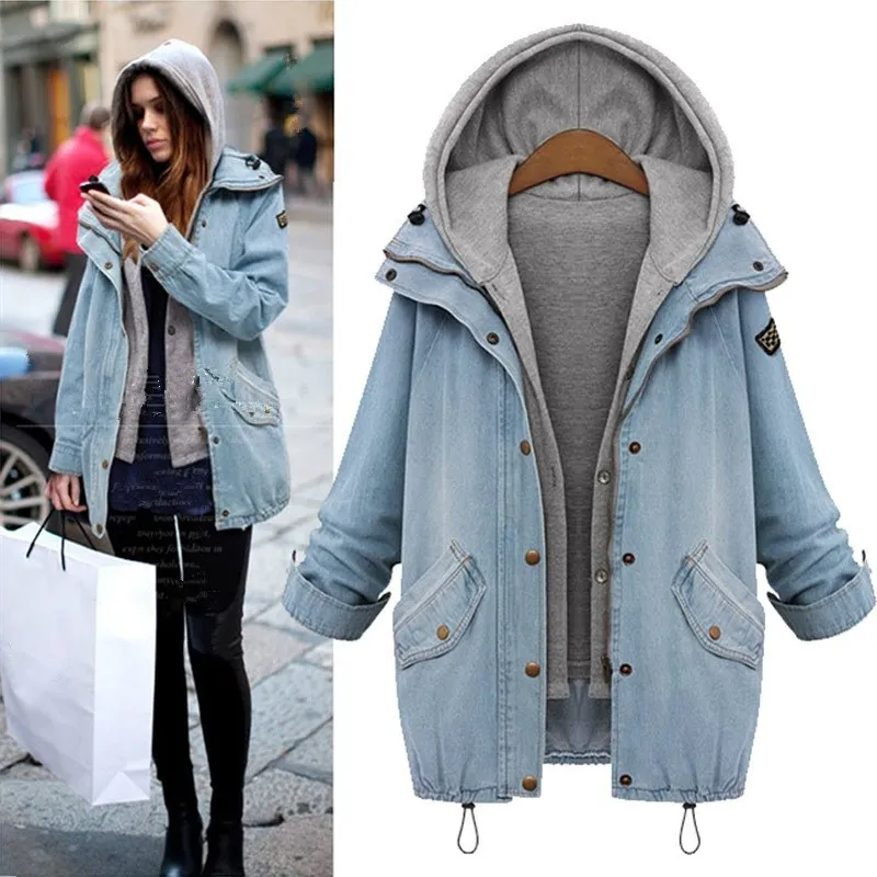 Autumn Hooded Jeans Jacket Solid Long Sleeve Single Breasted Denim Jacket Loose 2 Pieces Casual Cowboy Jeans Coat Streetwear