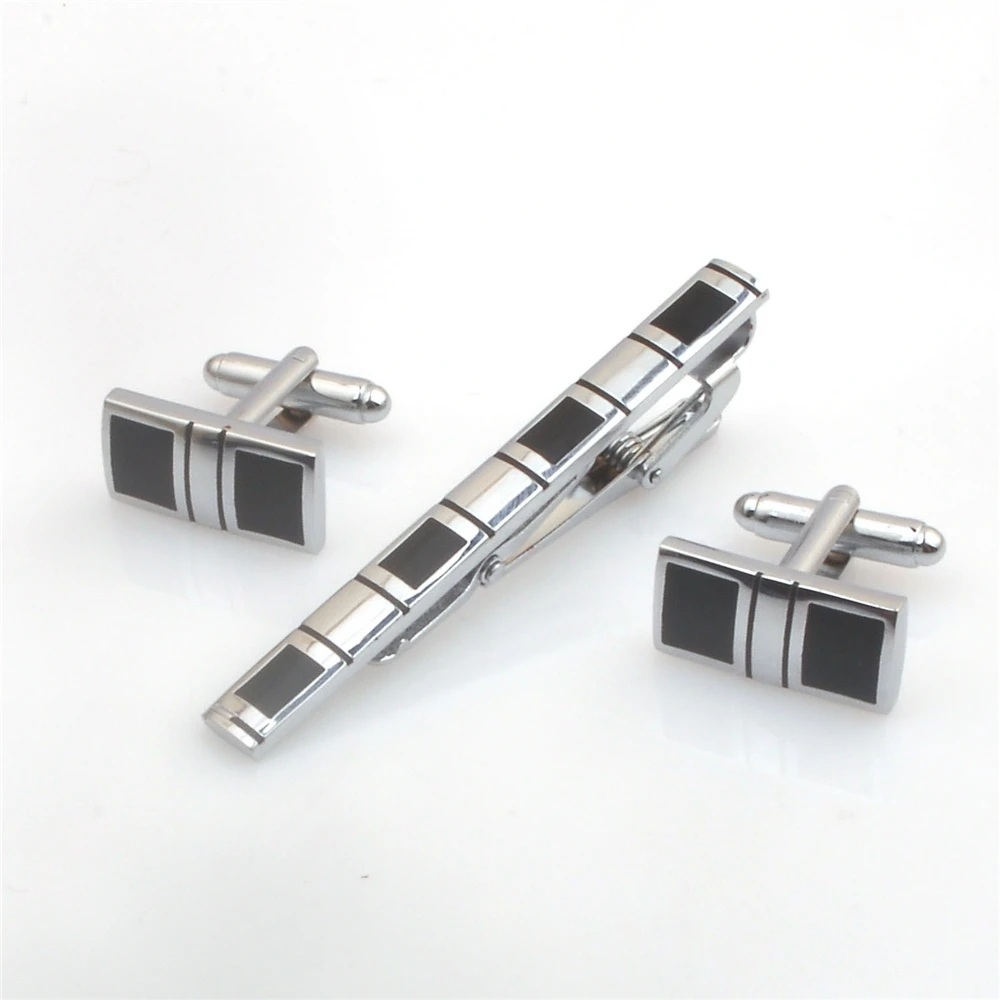 

T004 Men Metal Simple Necktie Tie Pin Clip Bar Clasp Cufflink Set For Wedding Business Party