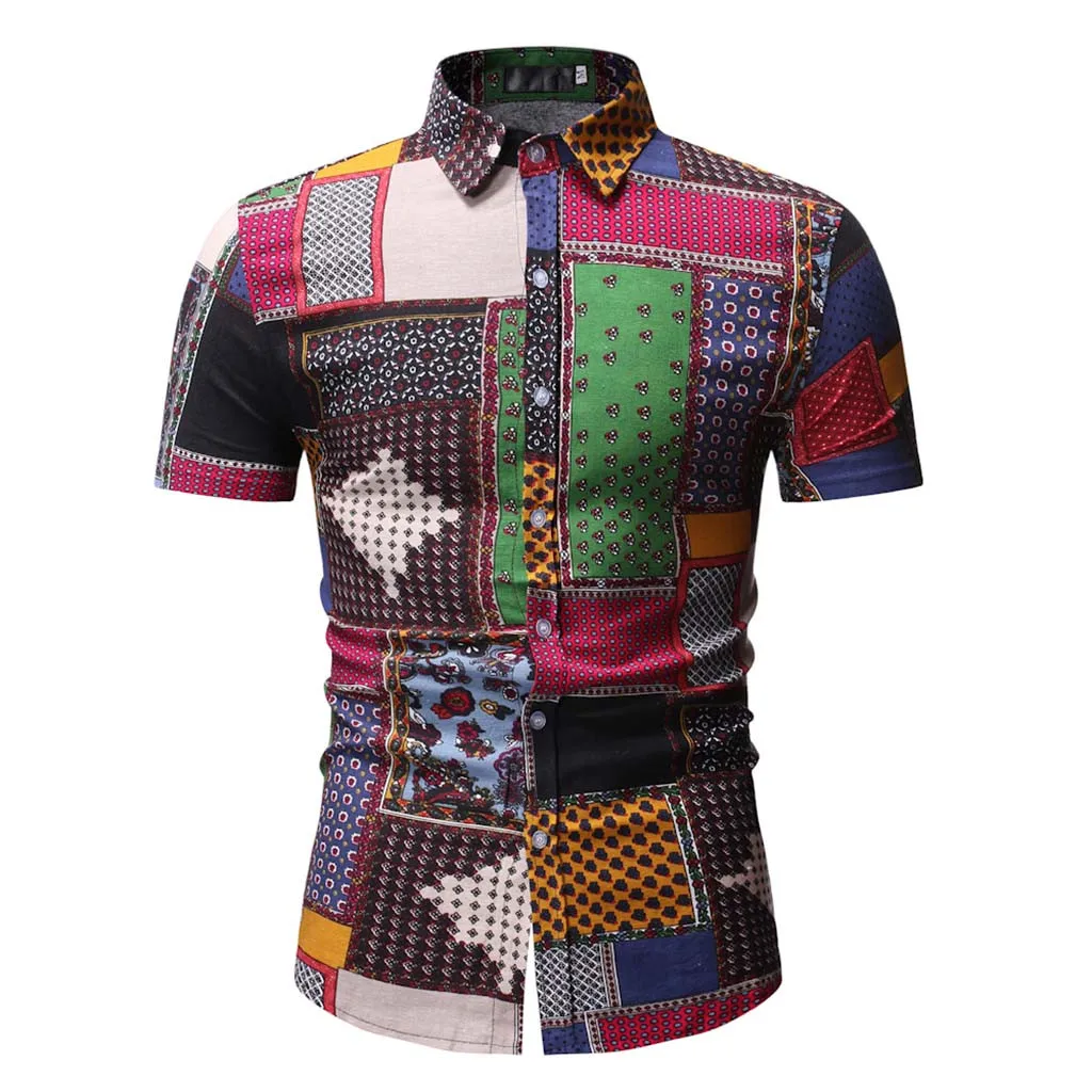 

2019 New Men Summer Bohemian Style Short Sleeve Cotton Basic Male's Casual Multi Color Top Plus Size Hauts pour hommes