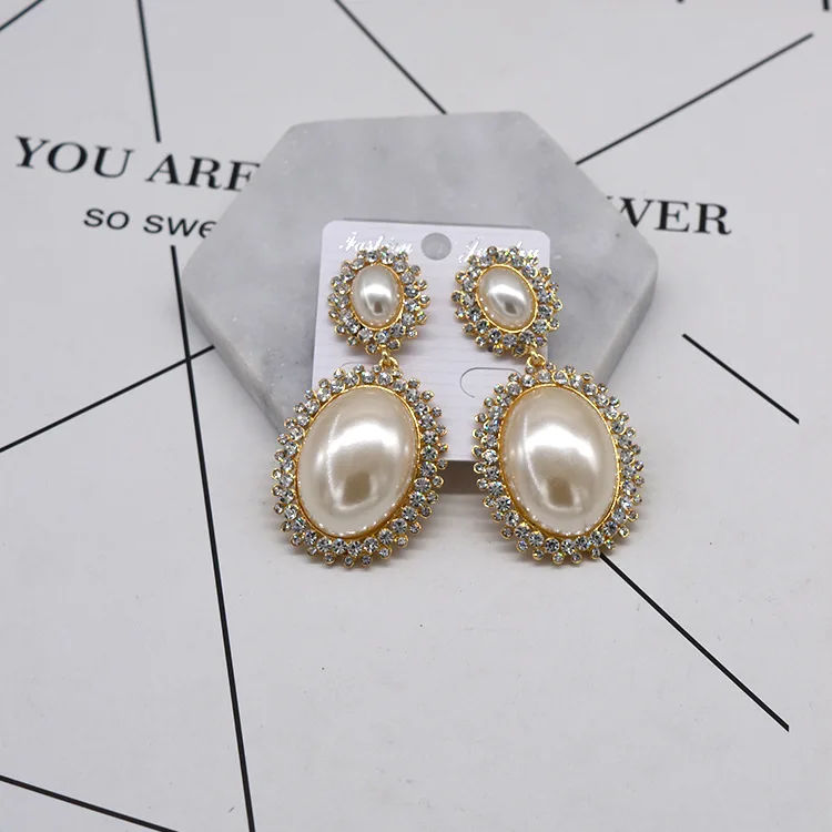

Vintage oval large pearl long earrings for women