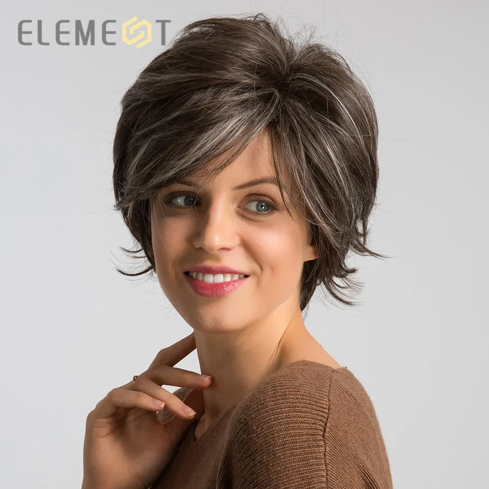

Element 6 inch Synthetic Short Natural Wave Wig for Women Mixed Brown Color Pixie Cut Cosplay Party Wigs for White/Black Women