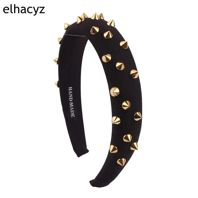 

Newest Trendy Wide 1.2'' Sponge Headband Golden Spike Rivets Large Pearl Crystal Brick For Party Girls Hairband Hair Accessories