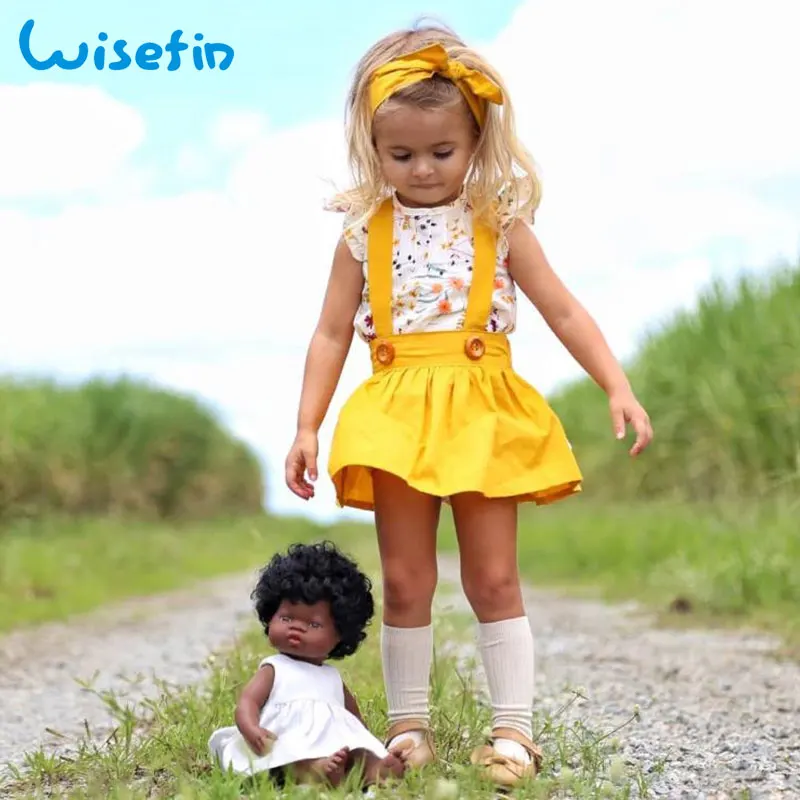 

Wisefin Kids Girl Clothing Set With Headband Summer 3Pcs Flower Kids Outfits Children Clothing Set For Girl Cute Bib Pant + Top