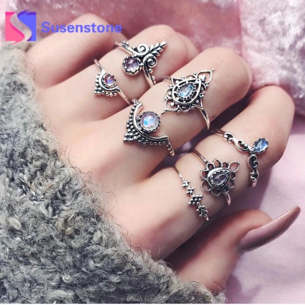 7pcs Bohemian Vintage Rings Set Silver Gold Stack Ring Natural Stone Above Knuckle Midi Rings