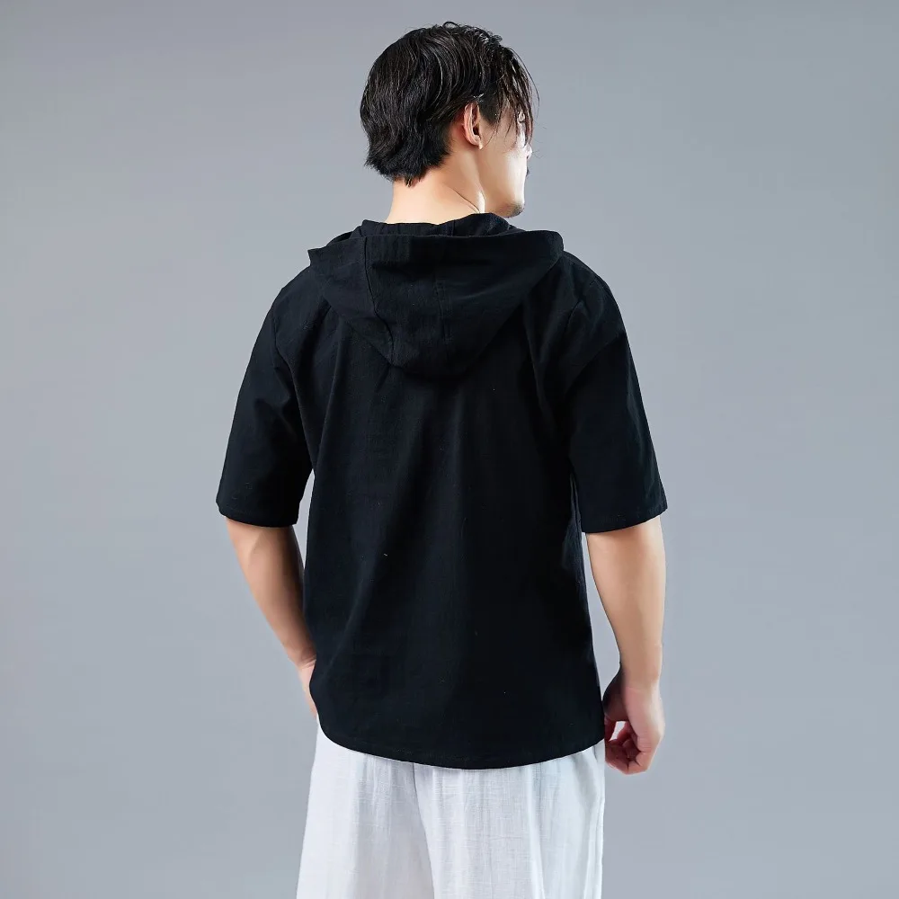 LZJN 2019 Men's Shirt Summer Style Hooded Short Sleeve Blouse Top Men New Casual Embroidery Cotton Linen Shirt Camisas De Hombre (31)