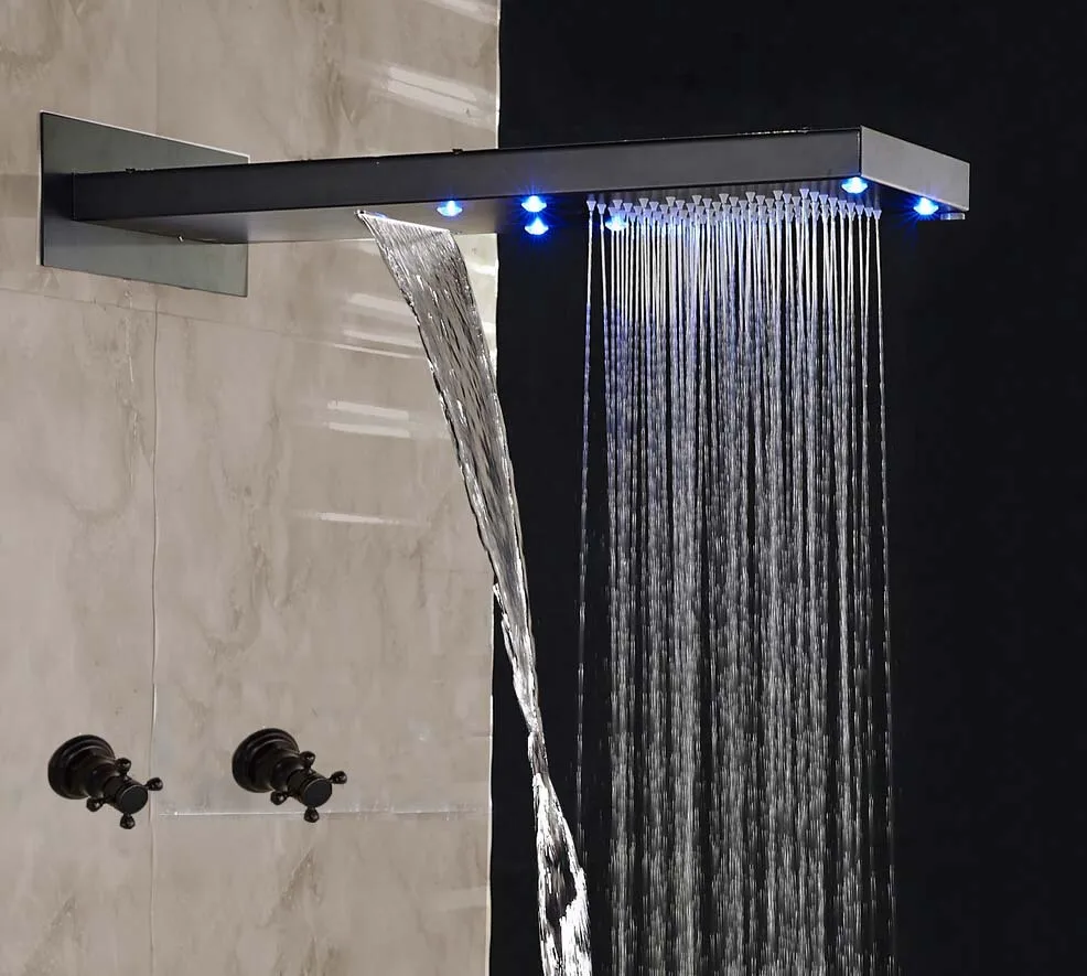 Buy Oil Rubbed Bronze LED Rainfall Waterfall Shower Head Cross Handles Mixer