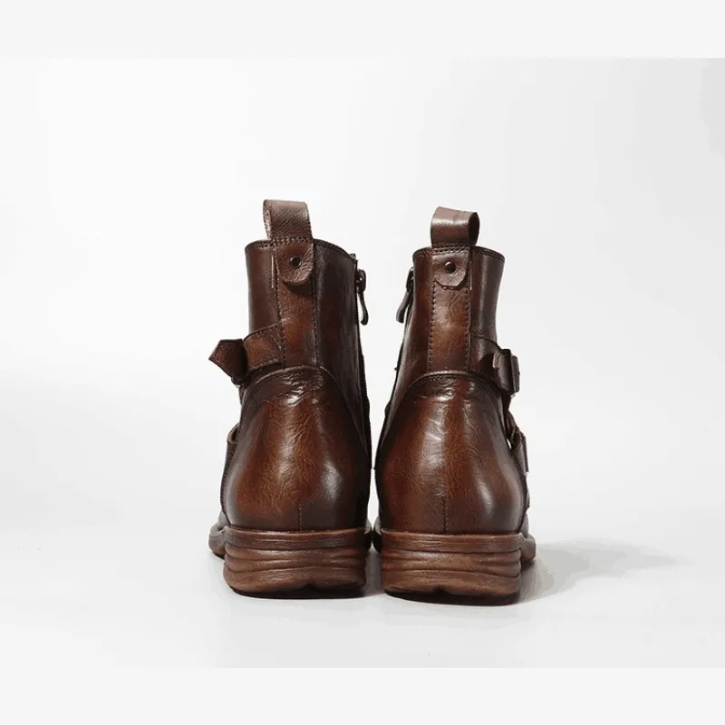 Black Cuir En Zip Boucle Marque Bout Boot De Côté Noir Rond Décontracté Brun Bottines Luxe Rétro D'affaires Véritable Hommes Chaussons brown Moto nwON80kXZP