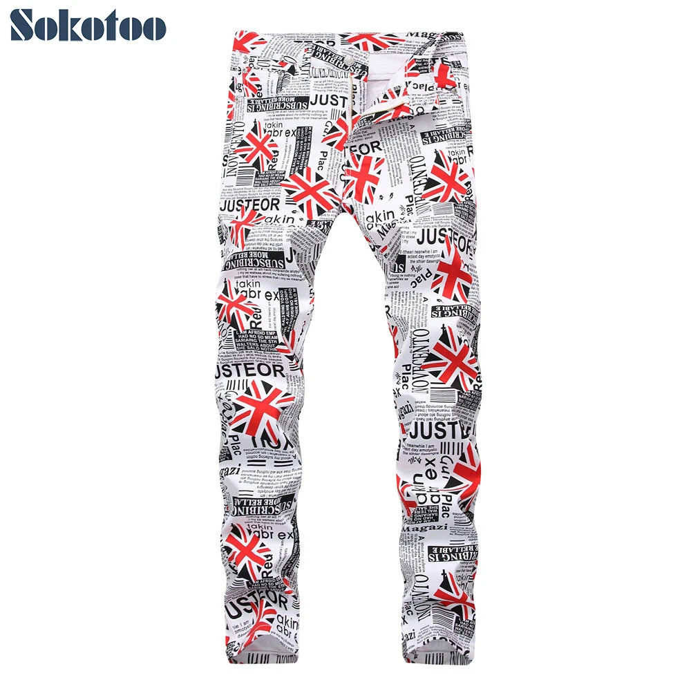 Sokotoo Men's English flag pattern white printed jeans Fashion slim fit paper letters colored painted pants Sokotoo Men's English flag pattern white printed jeans Fashion slim fit paper letters colored painted pants