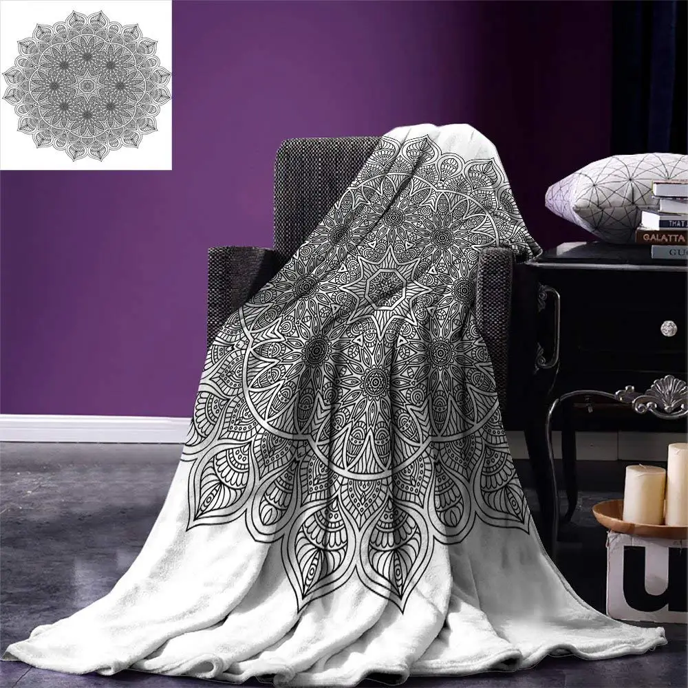 

Mandala Throw Blanket Monochrome Pattern Ancient and Mystical Heritage Henna Inspired Cosmos Icon Artwork Warm Microfiber