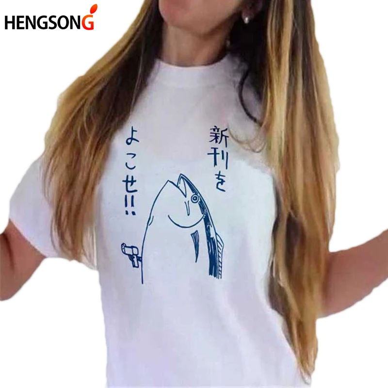 

2018 New Harajuku Japanese Style Summer Female T-shirt Fish Japanese Print Short Sleeve Casual Loose T Shirt Tee Top 832465