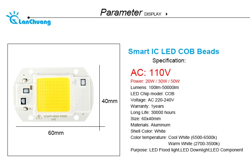 COB светодиодный чип 110 в 120 в 20 Вт 30 Вт 50 Вт Светодиодный лампа COB Smart IC драйвер холодный теплый белый Светодиодный прожектор чип