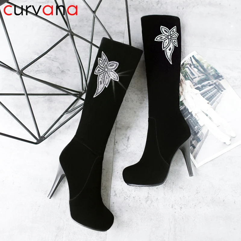 Floral Crystal Knee High Boots Basic Platform Faux Suede Heels Black Women Winter Bling Side Zip Thigh | Обувь