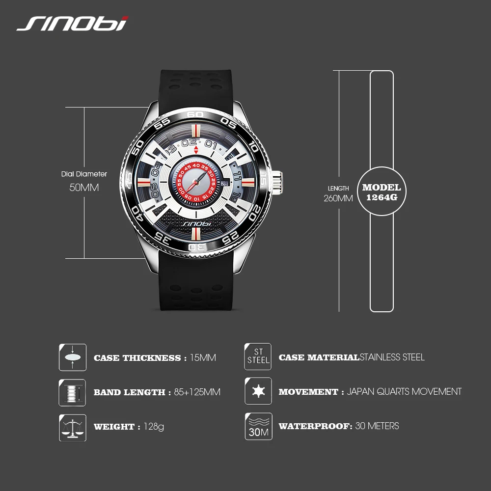 2019 SINOBI Car Dashboard Speed New Creative Watch Men Luxury Brand Silicone Band 100% Stainless Steel Men Wristwatches Clock