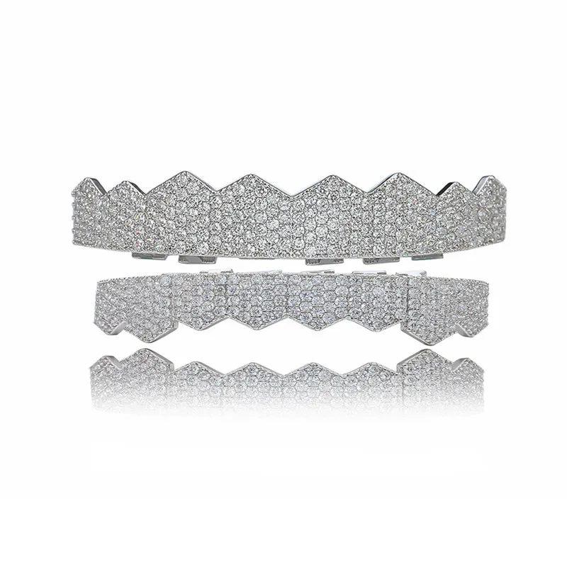 Хип хоп ЗУБЫ Grillz Iced Out AAA циркон 2 цвета Топ и низ зуб набор для мужчин женщин Мода зуб Grillz ювелирные изделия - Окраска металла: Имитация родиевого покрытия