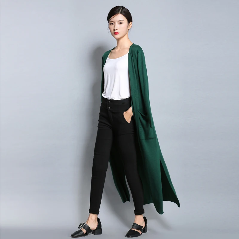 Autumn And Spring Fashion Women Long Sweater Cardigans New Solid Color V-Neck Full Sleeve Outerwear Flat Knitted Female Clothes