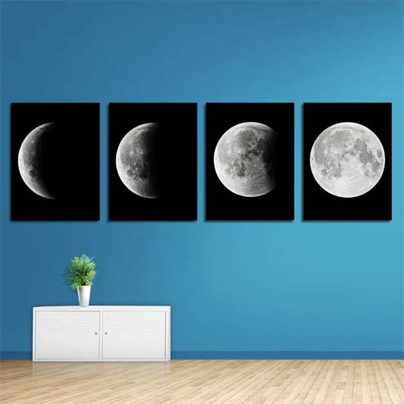 

4pcs 40*50CM 3D Changing Moon Canvas Wall Paiting Home Office Decoration Black Abstract Moon Pictures Frameless drop ship