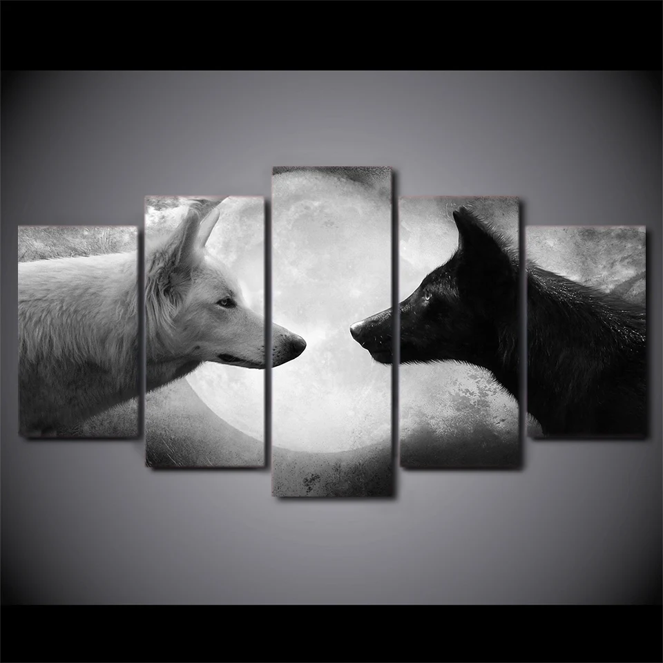Loup Affiche Hd Imprimer 5 Piece Toile Art Noir Loup Blanc Loup Lune Peinture Mur Art Photo Pour Salon Decor A La Maison Cu 1359a Aliexpress